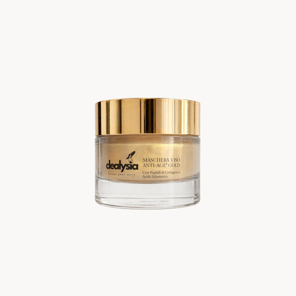 Maschera Viso Anti-Age Gold Idratante e Rimpolpante Pelle Matura e Spenta con Acido Ialuronico & Peptidi Biomimetici 50ml