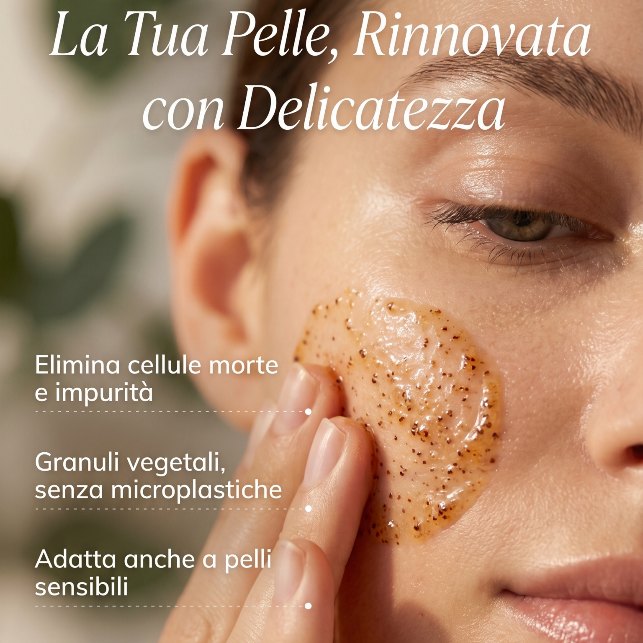 pelle impura rinnovata con delicatezza elimina cellule morte con granuli vegetali adatta anche a pelli sensibili